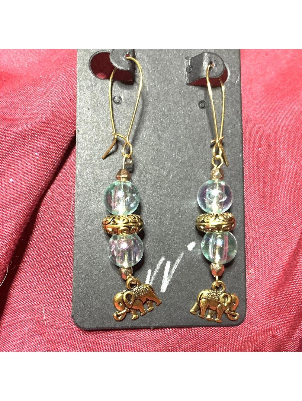Elephant Charm Earrings with Iridescent Beads